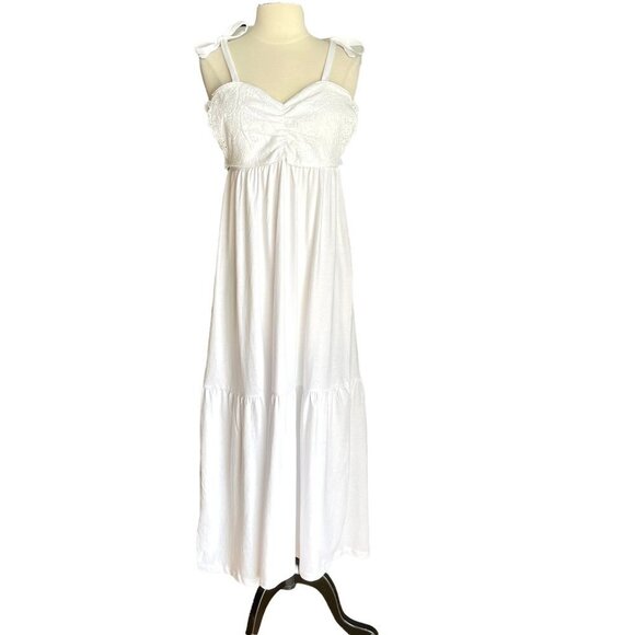 Mango Eyelet top Front Strap Ties Smock Back Maxi Dress Cottagecore - Picture 1 of 7